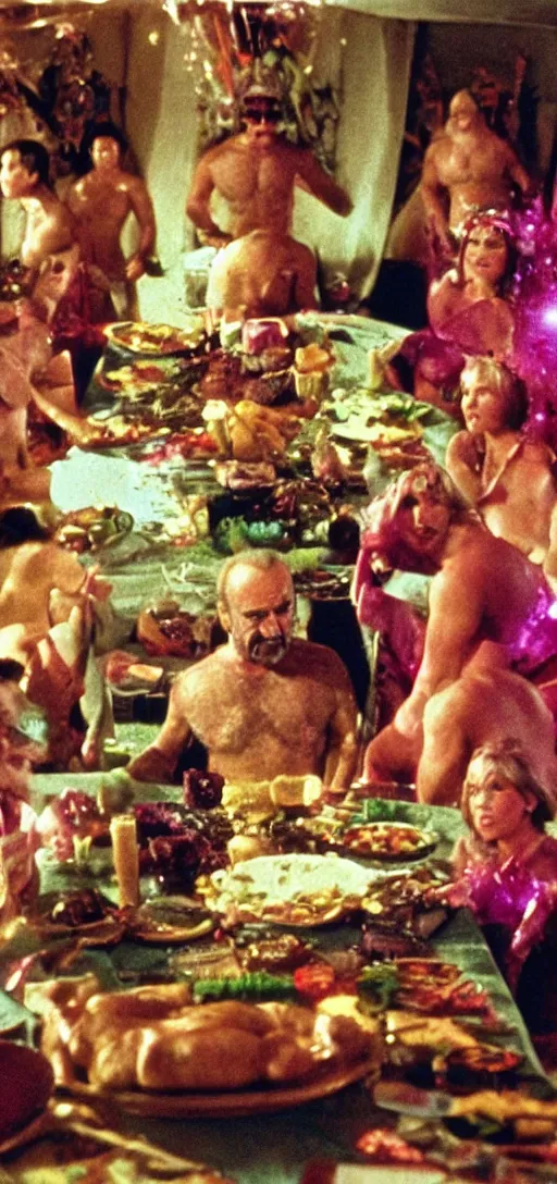 Prompt: a 3 5 mm color closeup macro picture of sean connery as zardoz accessing third eye second level during his 9 6 6 th birthday party along with female friends. everything is of the second level including plates of green bread and hams on the isle of kun lao. volumetric lighting with picoso hotdogs. atmospheric. national geographic.
