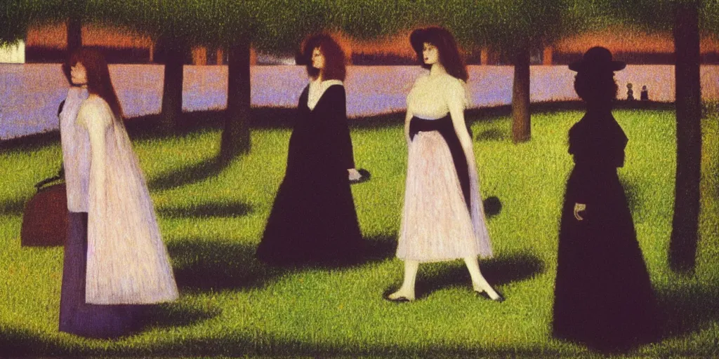 Image similar to a film still of suspiria by dario argento 1 9 7 7 movie, painted by georges seurat, by manet, impressionism, pointillism, high quality, detailed, print!, poster,