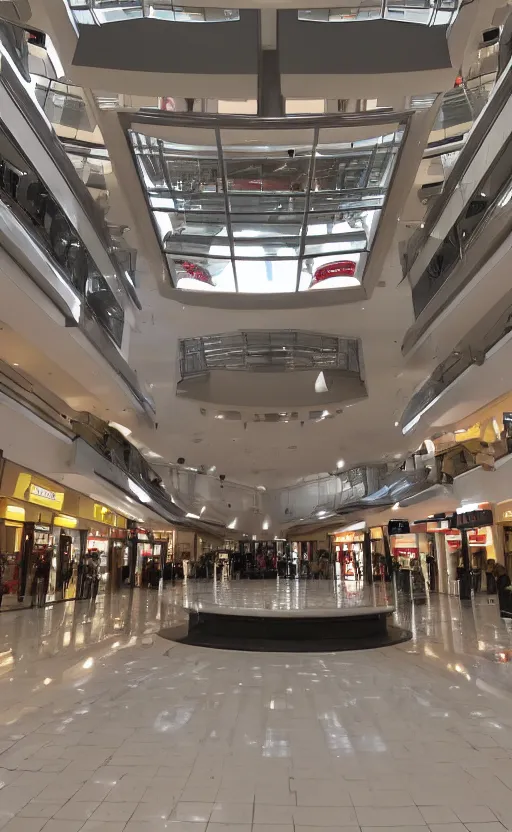 Prompt: photo of a chrome blob in a mallsoft mall, sharp wide shot