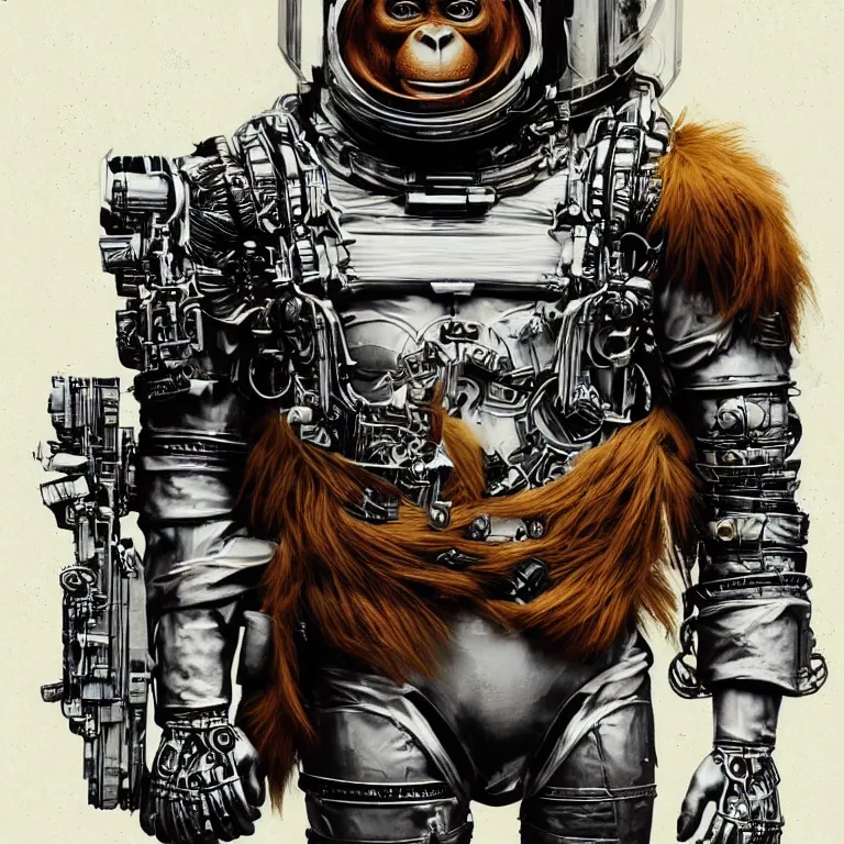 Image similar to a portrait of a muscular anthropomorphic cyberpunk orangutang in spacesuit armor with ensignia on chest plate by sandra chevrier, by jon foster, detailed render, pistol in holster, extremely hyperdetailed, tape deck, epic composition, cybernetics, 4 k realistic, cryengine, realistic shaded lighting, sharp focus, masterpiece, by enki bilal