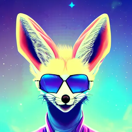Prompt: fennec fox, pink and blue mohawk hairstyle, furry, aviator sunglasses, synthwave style, portrait, artstation, detailed, award winning, dramatic lighting, miami vice