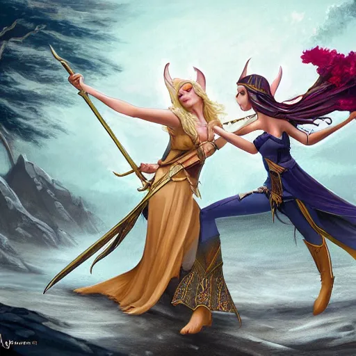 Prompt: two elven princesses fighting each other artstation high fantasy