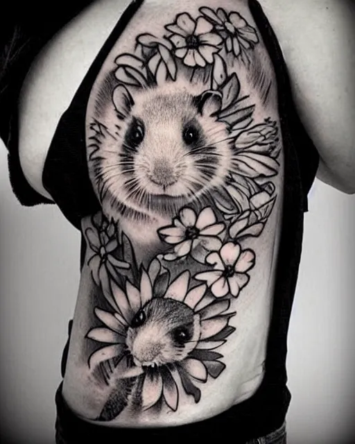 Prompt: creative double exposure effect tattoo design sketch of a hamster with a sunflower, realism tattoo, in the style of matteo pasqualin, amazing detail, sharp
