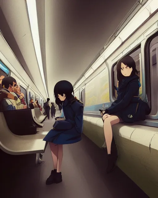 Prompt: a lonely girl sitting on the new york subway, full shot, ambient lighting, detailed face, by makoto shinkai, stanley artgerm lau, wlop, rossdraws
