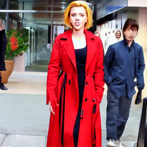 Prompt: scarlett johansson wearing long red trench coat, anime style