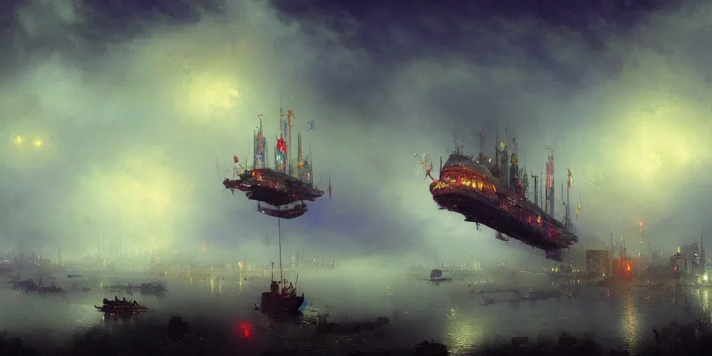 Image similar to Shenzhen in the style Enchanted, mystical, magical, steampunk airship overhead with propellers, Victoria Terminus, apocaplytic clouds, magical lightening, highly detailed, magical atmosphere, Hi-Tech, Dramatic lighting, epic compositing, high quality, ivan aivazovsky, greg rutkowski, trending on artstation, astrology, denoise