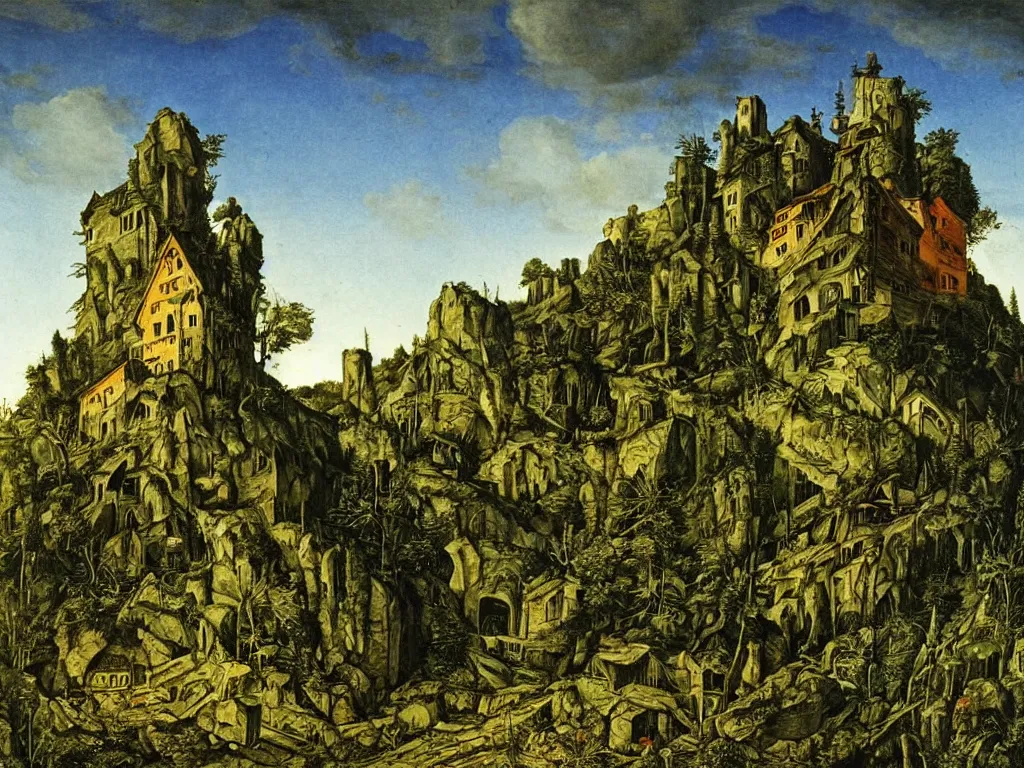 Prompt: Derelict house at night in the forest, at the top of the mountain. A miracle in the sky. Painting by Albrecht Altdorfer