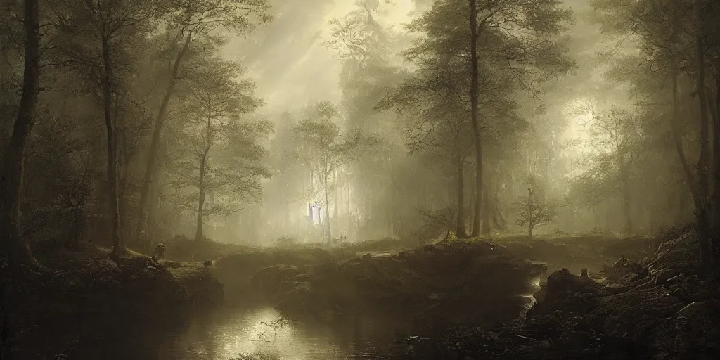 Prompt: [ a dark scene of a dense forest at night with a stream through it, moonlight through trees ], andreas achenbach, artgerm, mikko lagerstedt, zack snyder, tokujin yoshioka