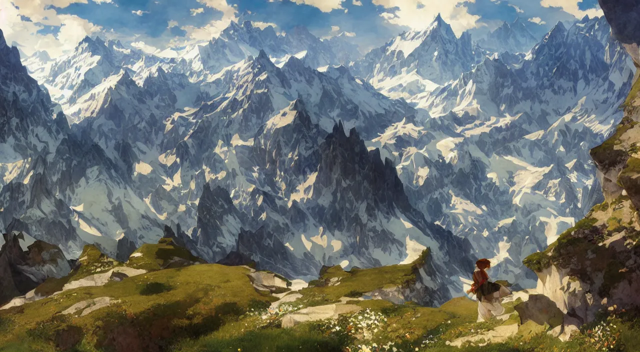 Prompt: A beautiful landscape painting of the swiss alps by Alfons Maria Mucha and Julie Dillon and Makoto Shinkai