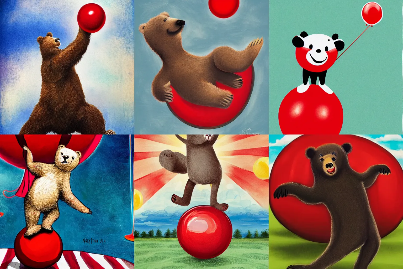 Prompt: a dancing bear on a big red ball. circus, realistic, illustration.