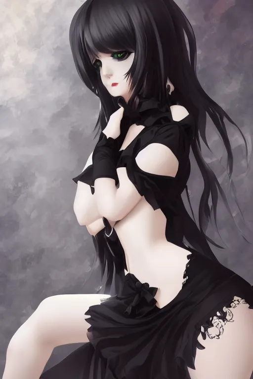 Prompt: pretty gothic lady wearing a tight black ornated dress and black stockings, fullbody art, drawn by WLOP, by Avetetsuya Studios, anime still, trending on artstation
