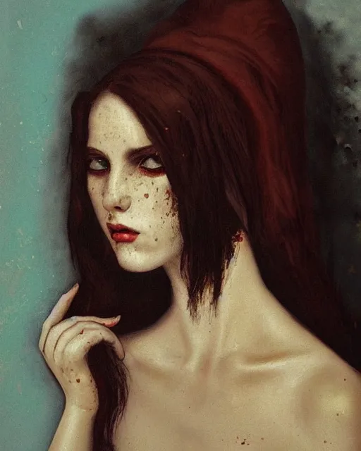 Prompt: a beautiful and eerie baroque painting of a gorgeous young woman from vampire the masquerade bloodlines, with wild dark hair and freckles and haunted eyes, 1 9 7 0 s, afternoon light, delicate embellishments, painterly