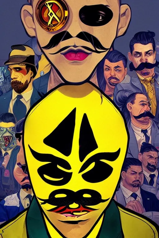 Prompt: gang saints wear yellow bandanas, and some of them have thick mustaches, their eyes are sharp, pop art style, dynamic comparison, proportional, professional art, bioshock style, gta chinatowon style, hyper realistic, face and body clarity, complicated, art by argerm dan richard hamilton