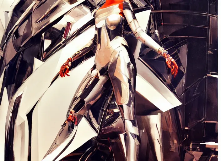 Prompt: feminine domme cyborg, full body, high fashion, futurism, aerodynamic, flowing, intricate, slick, highly detailed, digital painting, vogue, concept art, smooth, sharp focus, hd, art by syd mead and john berkey and annie leibovitz