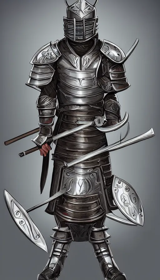 Prompt: digital art of strong knight wearing plate armor, holding weapon and shield, standing upright, full body, japanese samurai, kata, horns