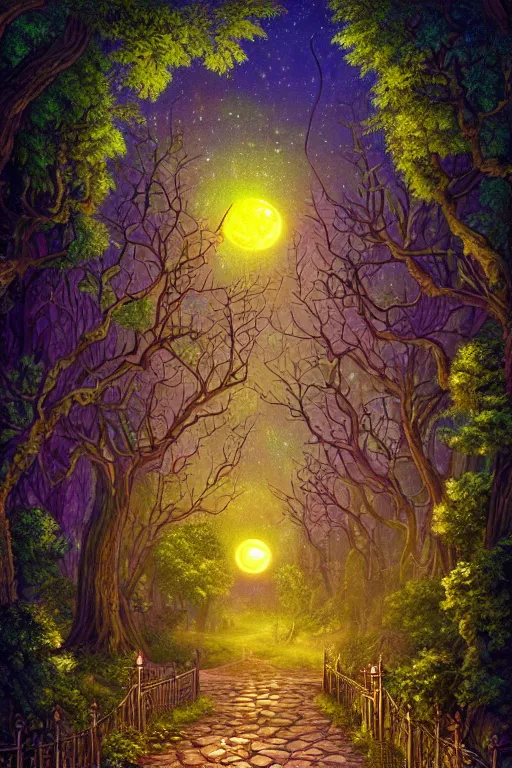 Image similar to a beautiful digital illustration painting of a detailed gothic fantasy fireflies forest trees and iron gate cobblestone pathway vines full moon by lisa frank, james gurney, 8 k resolution trending on artstation concept art digital illustration