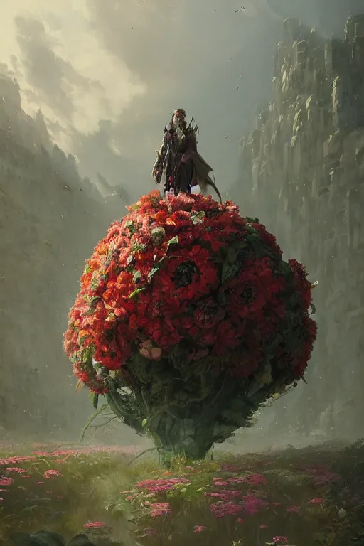 Image similar to a fancy portrait of a giant flower guarded by a worrier by Greg Rutkowski, Sung Choi, Mitchell Mohrhauser, Maciej Kuciara, Johnson Ting, Maxim Verehin, Peter Konig, final fantasy, Marco lense , 8k photorealistic, cinematic lighting, HD, high details, atmospheric , trending on artstation