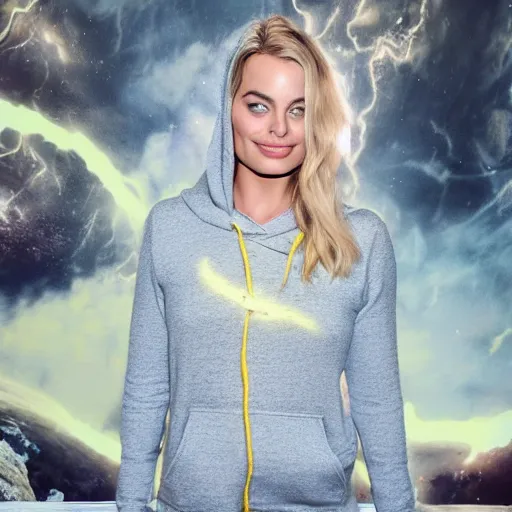 Prompt: face photo of margot robbie as super saiyan powering up long hair wearing hoodie by annie leibovitz