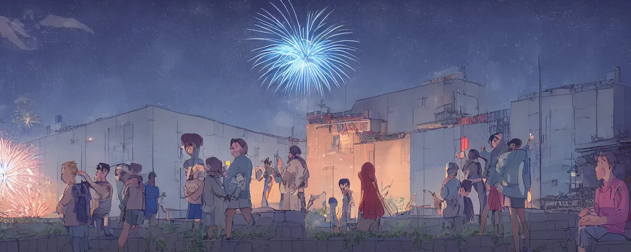 Prompt: four people watching fireworks go off in the night sky behind a prison on a hill, wide angle, hyperrealistic digital art, trending on art station, cinematic lighting, 4 k, illustrated by akira toriyama