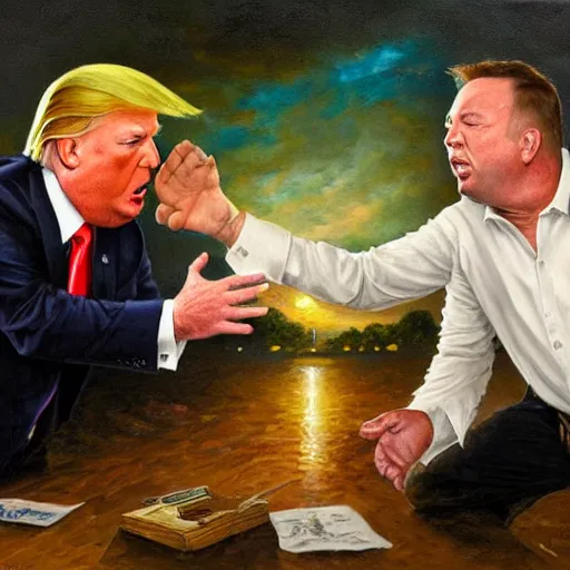 Image similar to portrait of donald trump and alex jones arguing, an oil painting by ross tran and thomas kincade