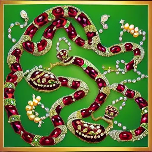 Image similar to landscape of the jeweled serpents, emerald gemmed leaves, chains of vines and blossoming rubies, golden lilies adorning jade bushes. garnet and gold pomegranates, jeweled fruit with diamonds and pearls. Open sky countryside jeweled forest