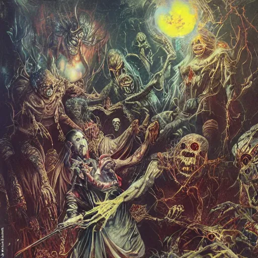Prompt: realistic detailed image of zombies terrorizing a haunted mansion by Ayami Kojima, Amano, Karol Bak, Greg Hildebrandt, and Mark Brooks, Neo-Gothic, gothic, rich deep colors. Beksinski painting, part by Adrian Ghenie and Gerhard Richter. art by Takato Yamamoto. masterpiece