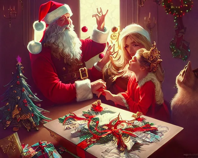 Prompt: opening presents at christmas 1 9 8 0's, deep focus, d & d, fantasy, intricate, elegant, highly detailed, digital painting, artstation, concept art, matte, sharp focus, illustration, hearthstone, art by artgerm and greg rutkowski and alphonse mucha