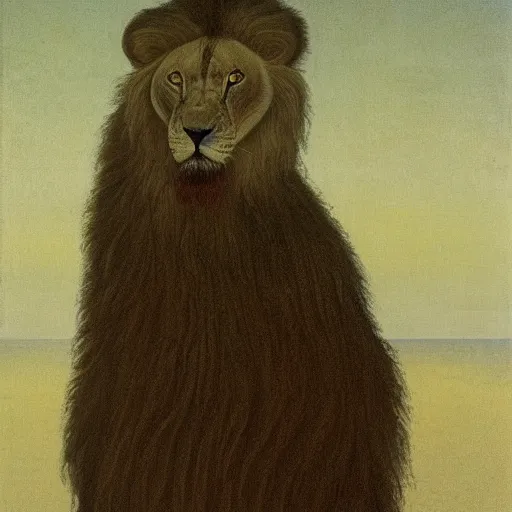 Prompt: Somewhere in sands of the desert, a shape with lion body and the head of a man, a gaze blank and pitiless as the sun, painted by Fernand Khnopff