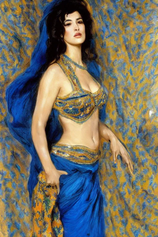 Image similar to monica bellucci as a persian girl with arabesque blue and golden detailed scarf near and mexican palms, painting by john singer sargent