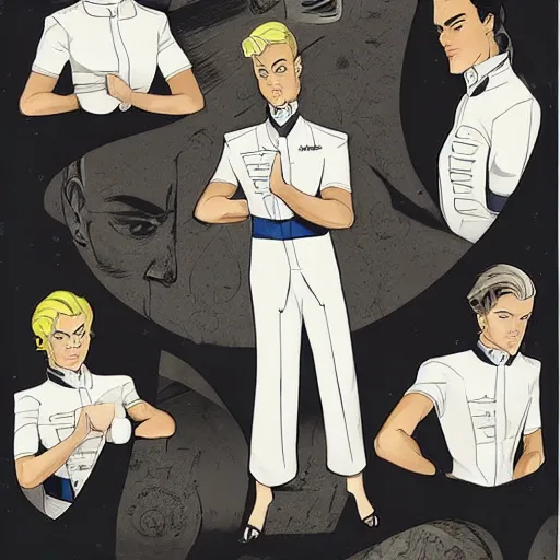 Prompt: heroic square - jawed emotionless serious blonde butch woman starship engineer, tribal tattoos, handsome, short slicked - back hair, sweating, wearing white and gold satin victorian gown at formal dinner, looking distracted, awkward, mike mignogna, david mack