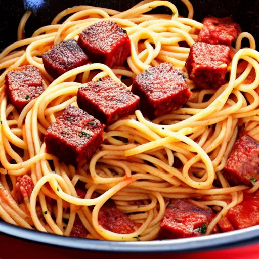 Prompt: spaghetti and meat cubes