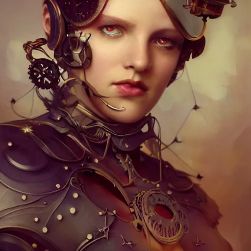 Image similar to by tom bagshaw, ultra realist vivid soft painting of a carnival of curiosities, single curvy flirt etheral young steampunk female in a full ornated armor gears, photorealistic facial traits, 3 d octane render eyes, cables, led, flying machinery, partial symmetry accurate features, very intricate details, focus, award winning, ultra dense fog