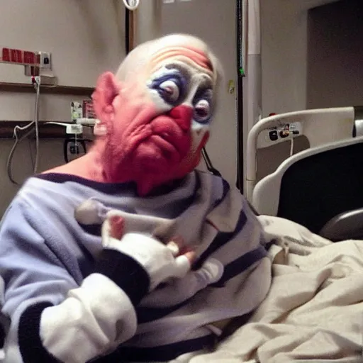 Prompt: crazy elderly clown restrained to hospital bed