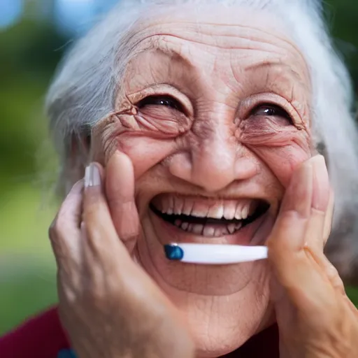 Image similar to ( ( ( an old woman laughing in a park. ) ) ) she has a thin translucent oxygen tubing under her nose!!!
