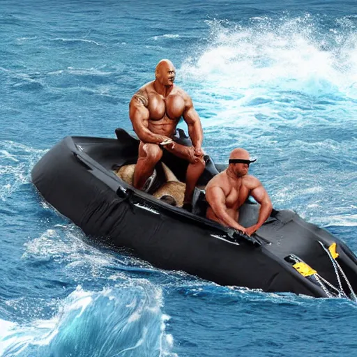 Image similar to photo of Dwayne Johnson yelling and riding a sark in the middle of the ocean, full shot, highly detailed face