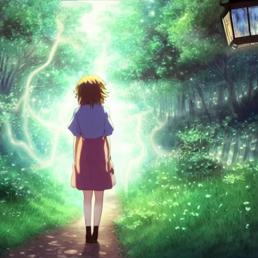 Prompt: anime, incredible wide screenshot, ultrawide, realist proportions, paper texture, intricate, very detailed, studio ghibli movie scene, girl in a dress walking a beautiful forest village, lanterns, wood bridges, night, outdoors, fireflies!!!!, fog