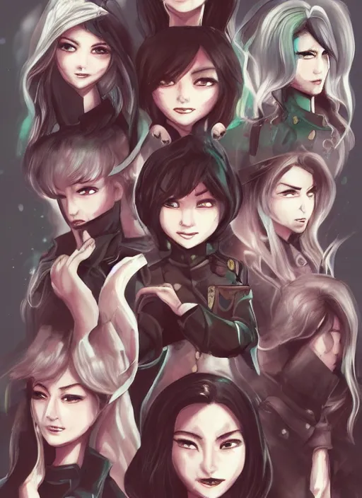 Image similar to full size persona, female sheriff, detailed faces, blank faces, style by huyy nguyen, art by huyy nguyen, demon slayer rui fanart