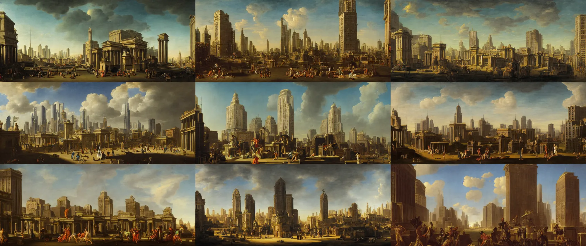 Prompt: Neoclassical city of the future with skyscrapers in the background by Johan Zoffany, highly detailed, dark background, beautiful, sharp, mythological