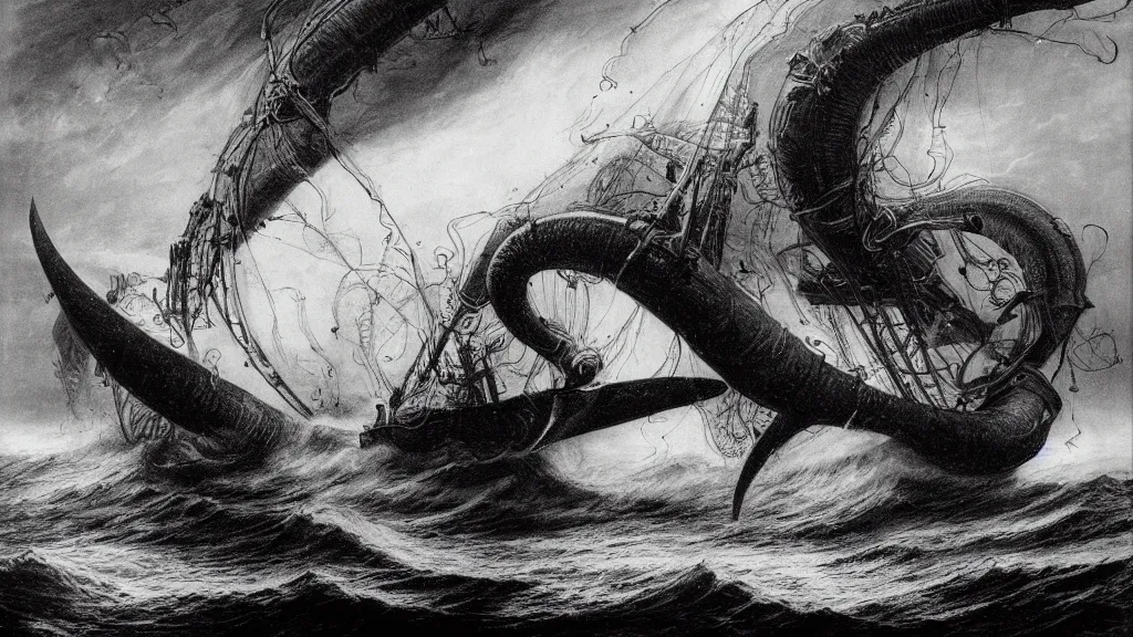 Prompt: drawing of a giant squid attacking a submarine beneath a stormy ocean, by gustave dore, nineteenth century, black and white, vintage, science fiction, epic composition, dramatic lighting, highly detailed, cinematic