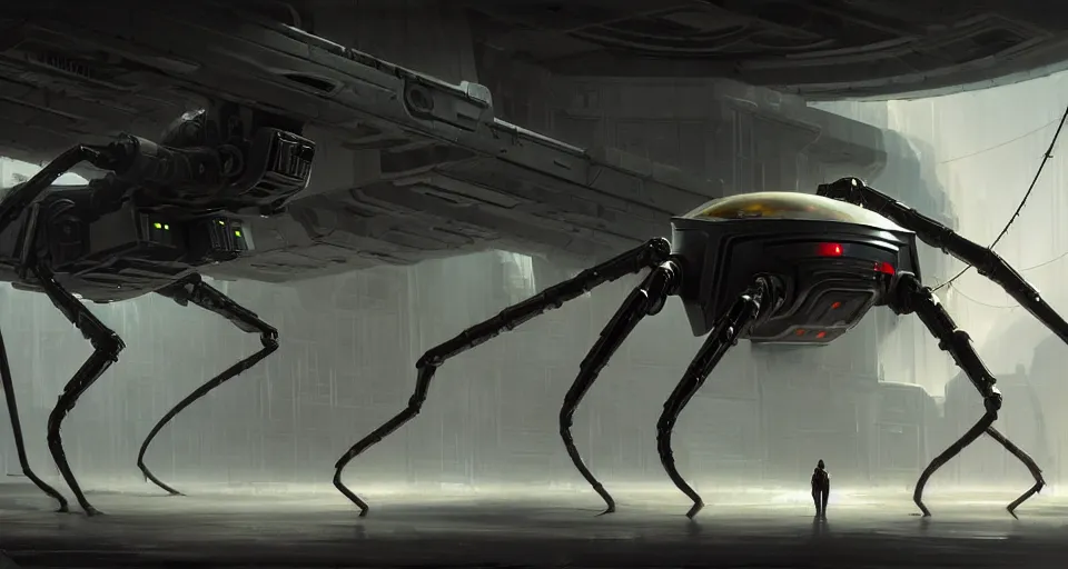 Image similar to hyper realistic sci - fi matte concept art painting of a giant spiderbot in a starship hanger, beautiful details, strong composition painted by kim jung guweta studio rutkowski, james gurney and greg rutkowski, and lucasfilm, smooth, intricate, detailed, sharp focus, cinematic