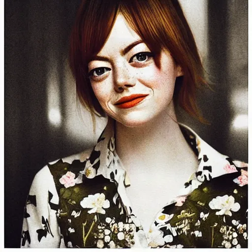 Image similar to “ emma stone portrait by ichiro tsuruta, drawing, realistic, sharp focus, japanese, dreamy, nostalgia, faded, golden hues, floral clothes ”