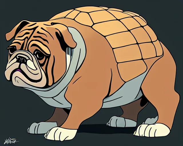 Image similar to cell shaded cartoon of a realistic bulldog with a turtle shell, concept art by josan gonzales and wlop, by james jean, victo ngai, david rubin, mike mignola, deviantart, art by artgem