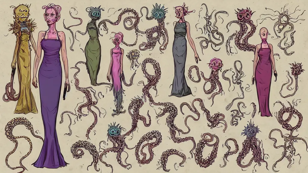 Image similar to aged paper, colorful character sheet for a stocky alien extraterrestrial female servant maid with thick snake - like tentacles instead of hair, long dress with apron, jim henson creature shop, coherent, illustration, digital art, trending on artstation, hd, 8 k, good lighting, beautiful, rough paper, masterpiece