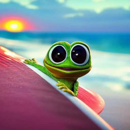 Prompt: a closeup photorealistic photograph of a cute pepe the frog on a surfboard surfing on the waves at sunset. surf in background. professional capture. brightly lit scene. this 4 k hd image is trending on artstation, featured on behance, well - rendered, extra crisp, features intricate detail, epic composition and the style of unreal engine