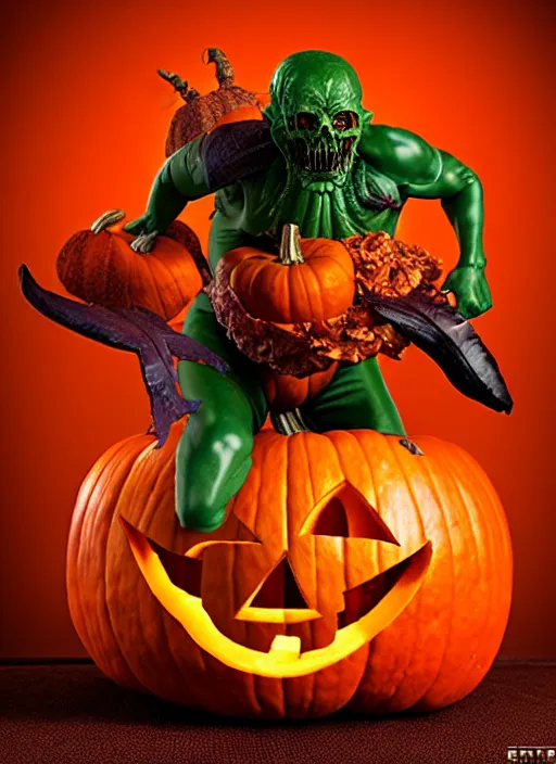 Image similar to hyperrealistic rendering, epic pumpkin overlord battle by art of skinner and richard corben and jeff easley, product photography, action figure, sofubi, studio lighting, colored gels