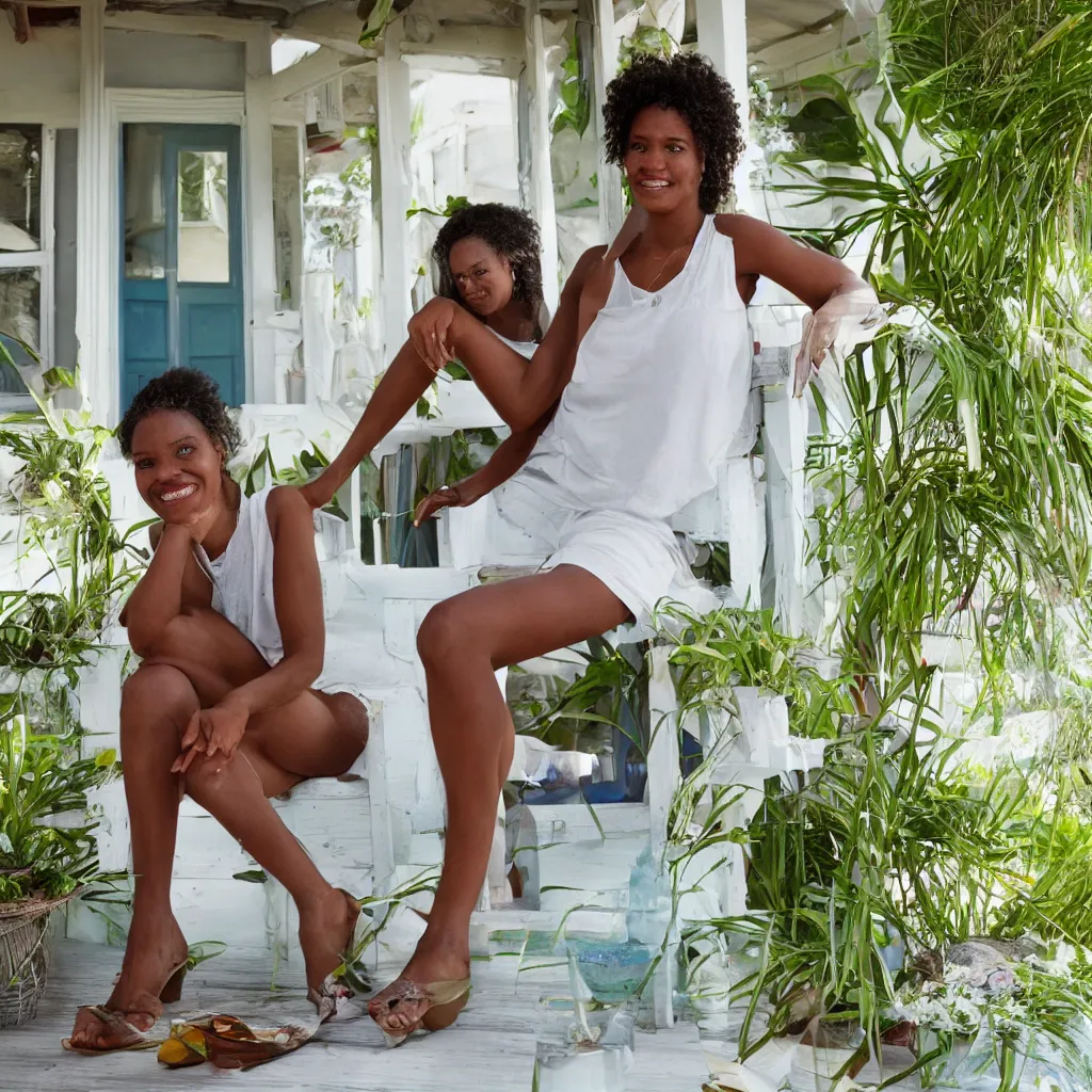 Image similar to a beautiful woman with freckles sitting on the porch, caribbean, realistic, clean