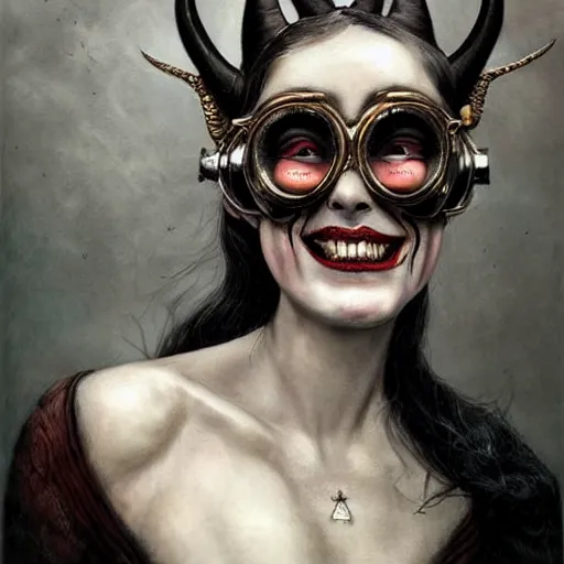 Image similar to a hyperrealistic portrait painting of a beautiful woman with demonic horns wearing steampunk goggles, black lipstick, evil smile, by santiago caruso, highly detailed,