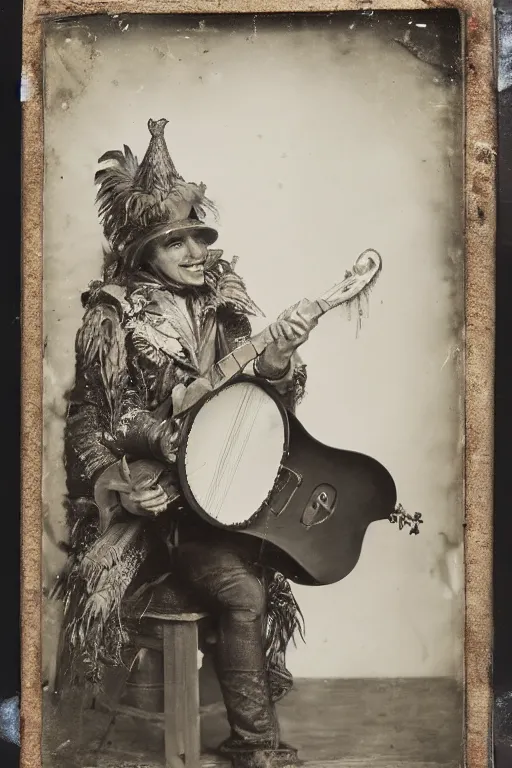 Image similar to a wet plate photo of an anthropomorphic rooster minstrel with a lute