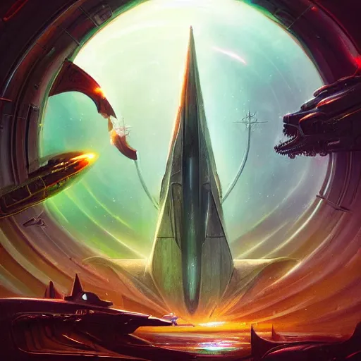 Prompt: satanic spaceship in front of synthwave stargate by peter mohrbacher and emmanuel shiu and martin johnson heade and bastien lecouffe - deharme