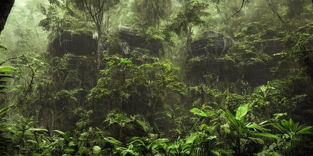 Prompt: astonishingly detailed photograph of a sci-fi research outpost in a thick jungle environment, moist and foggy, mysterious, futuristic architecture, dark sci-fi atmosphere, film grain,